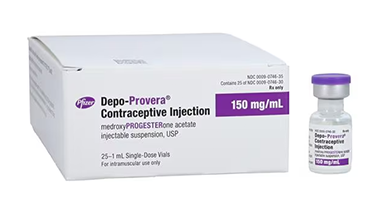 Box containing Depo-Provera injections with a single vial setting to the right.