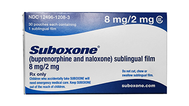 Pharmaceutical box of Suboxone films in 8mg/2mg dosage.